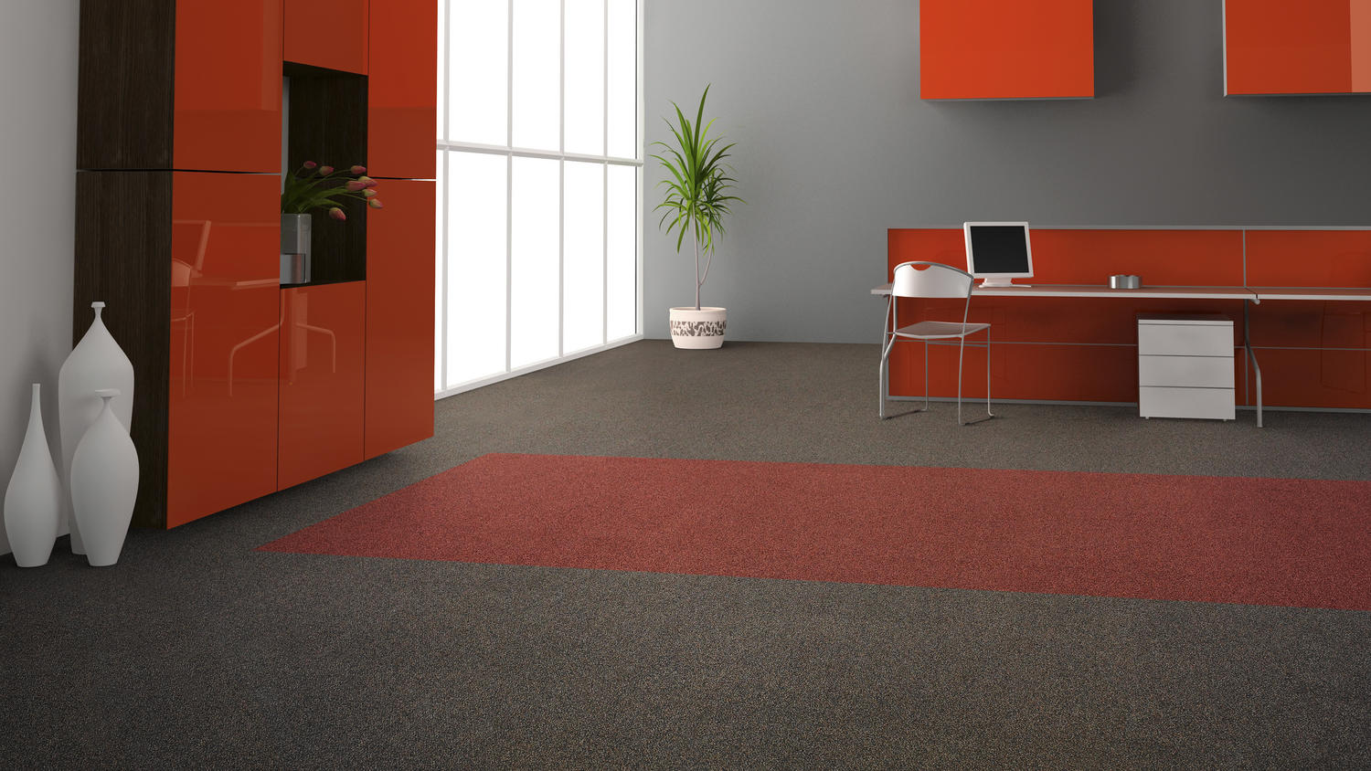Display Storage, An Office Chair & Table Above Office Carpet Tiles