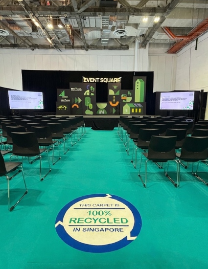 BEX Asia @ MBS. Expoflor REWIND Carpet with die cut logo "This Carpet is 100% Recycled in Singapore"