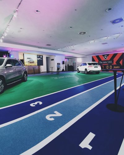 Expoflor REWIND Flat carpet at Mercedes Car Launch. Tracks & Numbers are all die cut by our Professional Flooring Technician.