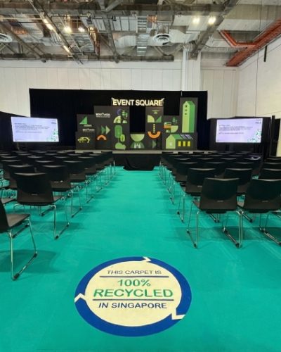 BEX Asia @ MBS. Expoflor REWIND Carpet with die cut logo "This Carpet is 100% Recycled in Singapore"